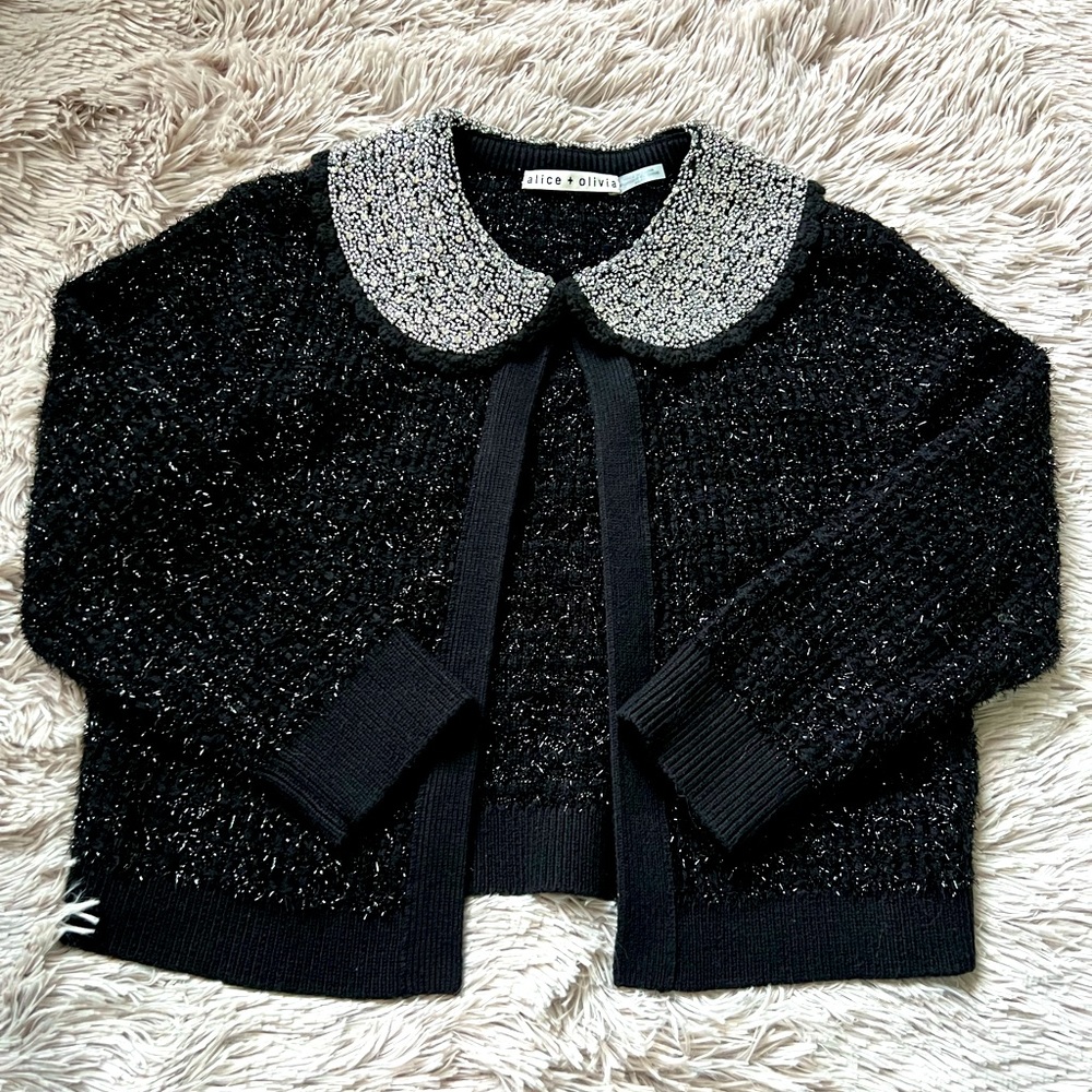 Akira Embellished Textured Knit Crop Cardigan
